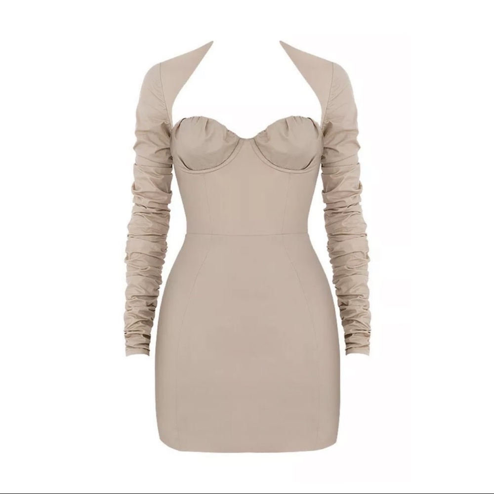 MISTRESS ROCKS 'Star Crossed' Beige Ruched Sleeve Mini Dress S - Picture 4 of 9